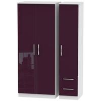 Knightsbridge High Gloss Aubergine and White Triple Wardrobe - Plain with 2 Drawer