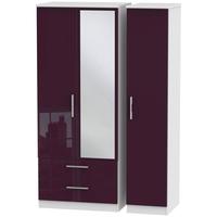 Knightsbridge High Gloss Aubergine and White Triple Wardrobe with 2 Drawer and Mirror