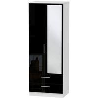Knightsbridge High Gloss Black and White Wardrobe - Tall 2ft 6in with 2 Drawer and Mirror