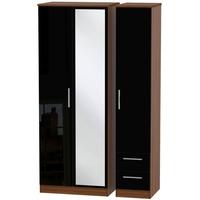 Knightsbridge High Gloss Black and Noche Walnut Triple Wardrobe - Tall with Mirror and 2 Drawer