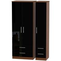 Knightsbridge High Gloss Black and Noche Walnut Triple Wardrobe - Tall with Drawer