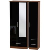 Knightsbridge High Gloss Black and Noche Walnut Triple Wardrobe - Tall with Drawer and Mirror