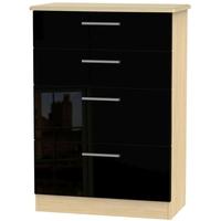 Knightsbridge High Gloss Black and Oak Chest of Drawer - 4 Drawer Deep