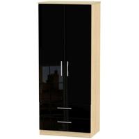 Knightsbridge High Gloss Black and Oak Wardrobe - 2ft 6in with 2 Drawer