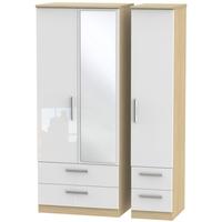 Knightsbridge High Gloss White and Oak Triple Wardrobe with Drawer and Mirror
