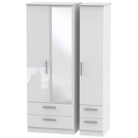 Knightsbridge High Gloss White Triple Wardrobe - Tall with Drawer and Mirror