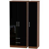 Knightsbridge High Gloss Black and Noche Walnut Triple Wardrobe - Tall with 2 Drawer