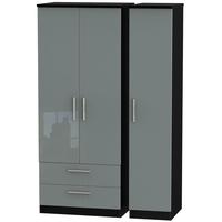 knightsbridge high gloss grey and black triple wardrobe with 2 drawer