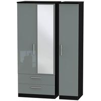 Knightsbridge High Gloss Grey and Black Triple Wardrobe with 2 Drawer and Mirror