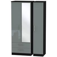 Knightsbridge High Gloss Grey and Black Triple Wardrobe - Tall with 2 Drawer and Mirror