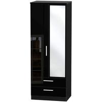 Knightsbridge High Gloss Black Wardrobe - Tall 2ft 6in with 2 Drawer and Mirror