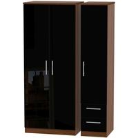 Knightsbridge High Gloss Black and Noche Walnut Triple Wardrobe - Plain with 2 Drawer