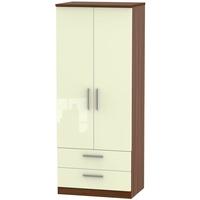 Knightsbridge High Gloss Cream and Noche Walnut Wardrobe - 2ft 6in with 2 Drawer