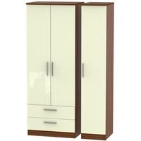 Knightsbridge High Gloss Cream and Noche Walnut Triple Wardrobe - Tall with 2 Drawer