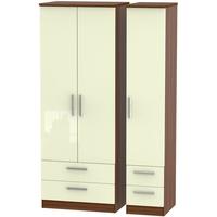 knightsbridge high gloss cream and noche walnut triple wardrobe tall w ...