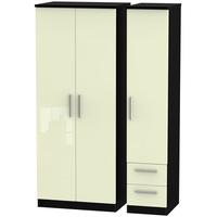 Knightsbridge High Gloss Cream and Black Triple Wardrobe - Plain with 2 Drawer