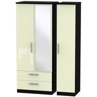 Knightsbridge High Gloss Cream and Black Triple Wardrobe with 2 Drawer and Mirror