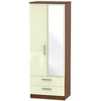 Knightsbridge High Gloss Cream and Noche Walnut Wardrobe - Tall 2ft 6in with 2 Drawer and Mirror