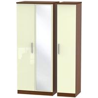 Knightsbridge High Gloss Cream and Noche Walnut Triple Wardrobe with Mirror