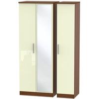 Knightsbridge High Gloss Cream and Noche Walnut Triple Wardrobe - Tall with Mirror