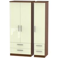 Knightsbridge High Gloss Cream and Noche Walnut Triple Wardrobe with Drawer