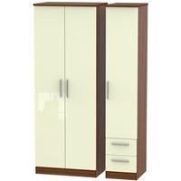 Knightsbridge High Gloss Cream and Noche Walnut Triple Wardrobe - Tall Plain with 2 Drawer