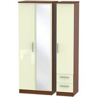 Knightsbridge High Gloss Cream and Noche Walnut Triple Wardrobe - Tall with Mirror and 2 Drawer