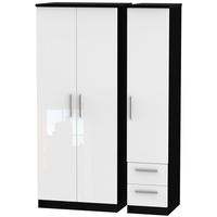 Knightsbridge High Gloss White and Black Triple Wardrobe - Plain with 2 Drawer