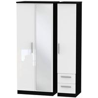 Knightsbridge High Gloss White and Black Triple Wardrobe with Mirror and 2 Drawer