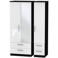 Knightsbridge High Gloss White and Black Triple Wardrobe with Drawer and Mirror