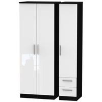 Knightsbridge High Gloss White and Black Triple Wardrobe - Tall Plain with 2 Drawer