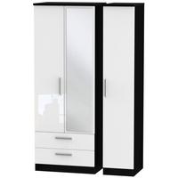 Knightsbridge High Gloss White and Black Triple Wardrobe - Tall with 2 Drawer and Mirror