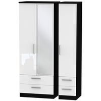 Knightsbridge High Gloss White and Black Triple Wardrobe - Tall with Drawer and Mirror