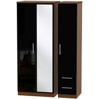 Knightsbridge High Gloss Black and Noche Walnut Triple Wardrobe with Mirror and 2 Drawer