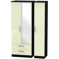 Knightsbridge High Gloss Cream and Black Triple Wardrobe - Tall with 2 Drawer and Mirror