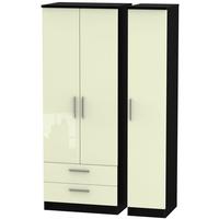 Knightsbridge High Gloss Cream and Black Triple Wardrobe - Tall with 2 Drawer