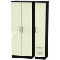 Knightsbridge High Gloss Cream and Black Triple Wardrobe - Tall Plain with 2 Drawer