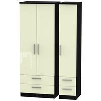 Knightsbridge High Gloss Cream and Black Triple Wardrobe - Tall with Drawer