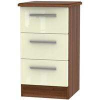 Knightsbridge High Gloss Cream and Noche Walnut Bedside Cabinet - 3 Drawer Locker