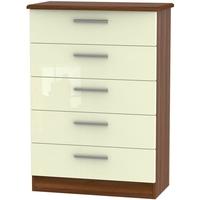 knightsbridge high gloss cream and noche walnut chest of drawer 5 draw ...