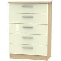 knightsbridge high gloss cream and oak chest of drawer 5 drawer