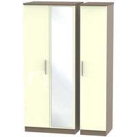 Knightsbridge High Gloss Cream and Toronto Walnut Triple Wardrobe with Mirror