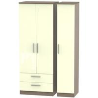 Knightsbridge High Gloss Cream and Toronto Walnut Triple Wardrobe - Tall with 2 Drawer