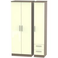 Knightsbridge High Gloss Cream and Toronto Walnut Triple Wardrobe - Tall Plain with 2 Drawer