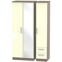 Knightsbridge High Gloss Cream and Toronto Walnut Triple Wardrobe - Tall with Mirror and 2 Drawer