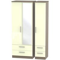 Knightsbridge High Gloss Cream and Toronto Walnut Triple Wardrobe - Tall with Drawer and Mirror