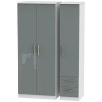 Knightsbridge High Gloss Grey and White Triple Wardrobe - Plain with 2 Drawer