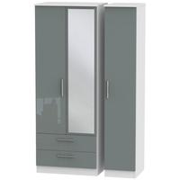 Knightsbridge High Gloss Grey and White Triple Wardrobe - Tall with 2 Drawer and Mirror