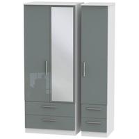 Knightsbridge High Gloss Grey and White Triple Wardrobe with Drawer and Mirror