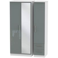 Knightsbridge High Gloss Grey and White Triple Wardrobe with Mirror and 2 Drawer